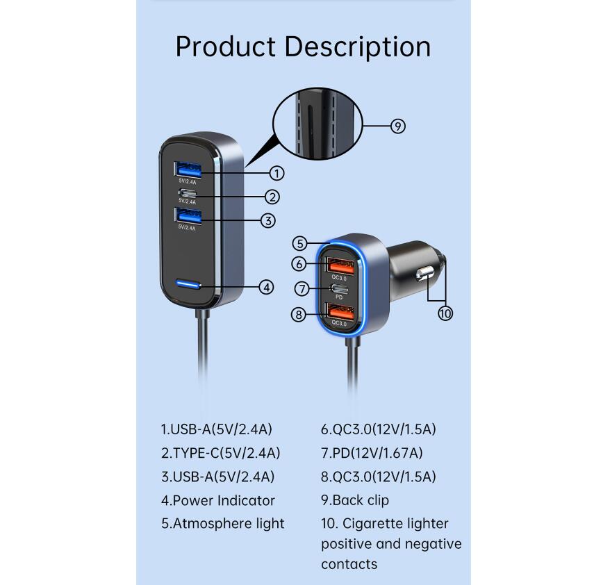 Caricabatteria auto SC05 65.5w ad alta potenza PD / QC3.0 Visualizzazione della tensione di ricarica rapida Hub USB telefoni cellulari auto 12v-24v Caricatori di estensione a 6 porte