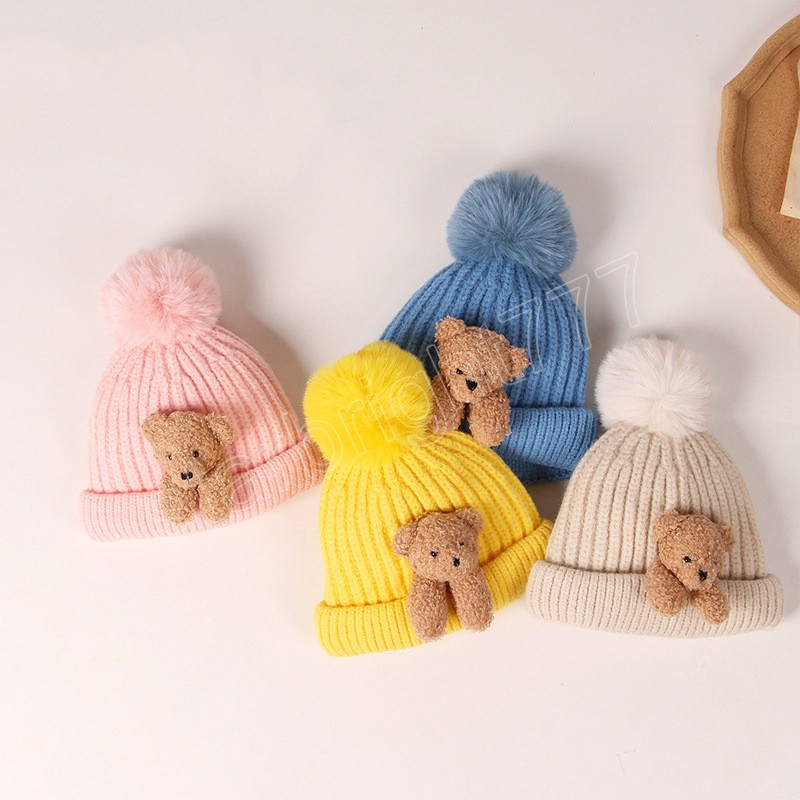 Cartoon Bear Baby Boy Girl Hat Söt pompom stickad Autumn Winter Cap Solid Color Thick Warme Beanie