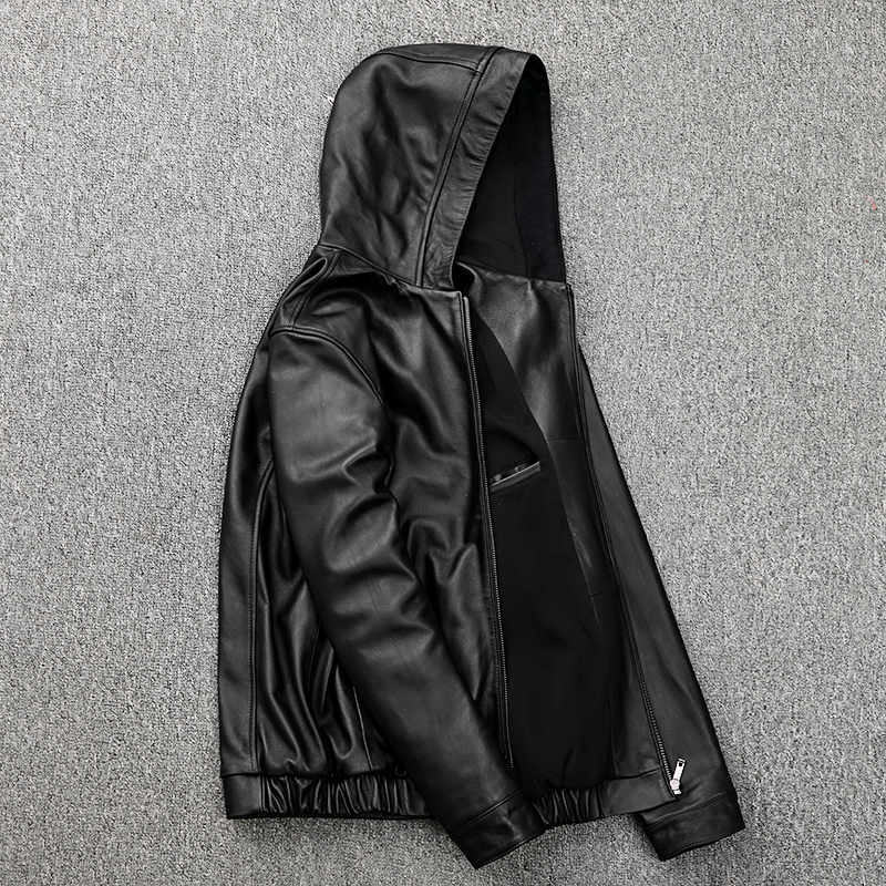 Veste en cuir à capuche pour hommes 100 peau de mouton véritable moto manteau noir vêtements à capuche pour hommes printemps chapeau veste en cuir hommes 220819