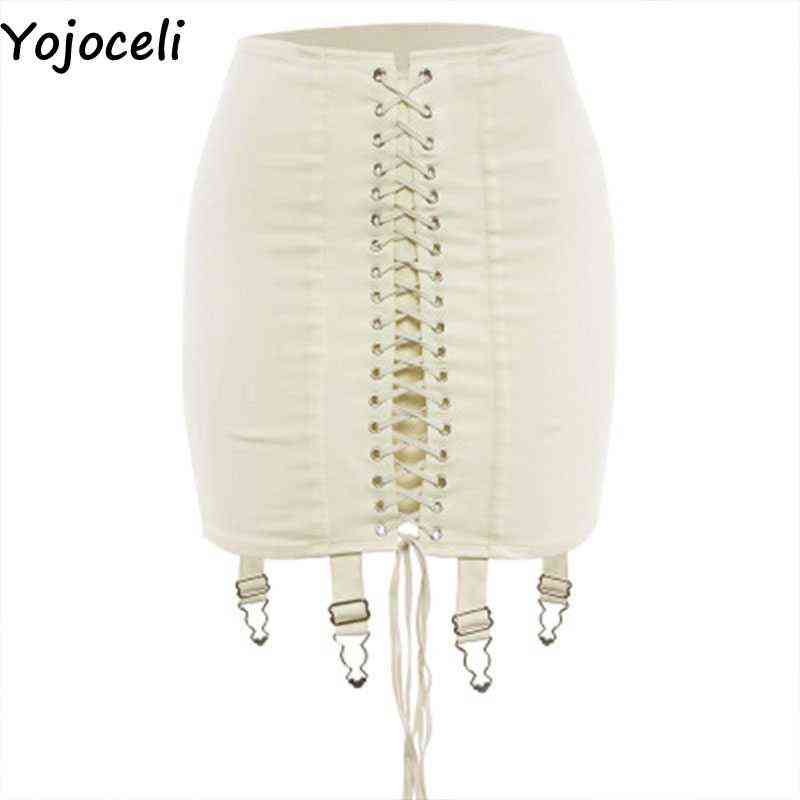 Yojoceli Elegant lace up white bodycon skirts womens Autumn short high waist skirt Casual party black female bottoms T220819