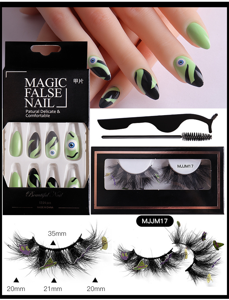 Halloween Party Eye lashes Extension False Nails Sets Fake Full Cover Acrylic Press On Eyelashes