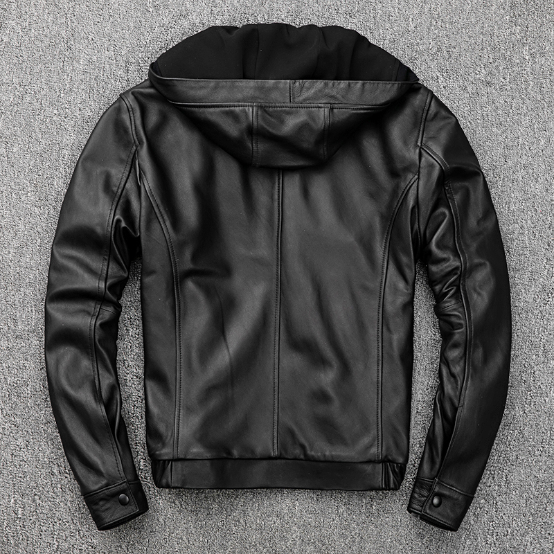 Männer Mit Kapuze Leder Jacke 100 Echtem Schaffell Motorrad Schwarz Mantel Männlichen Hoodies Kleidung Frühling Hut Leder Jacke Männer 220819