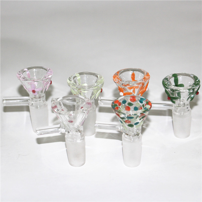 Narguilés Coloré 14mm Bols En Verre Mâle Joint Poignée Belle Slide Bol Pièce Tabac Herbe Sèche Accessoires Pour Bongs Tuyaux D'eau Dab Rig Bubbler