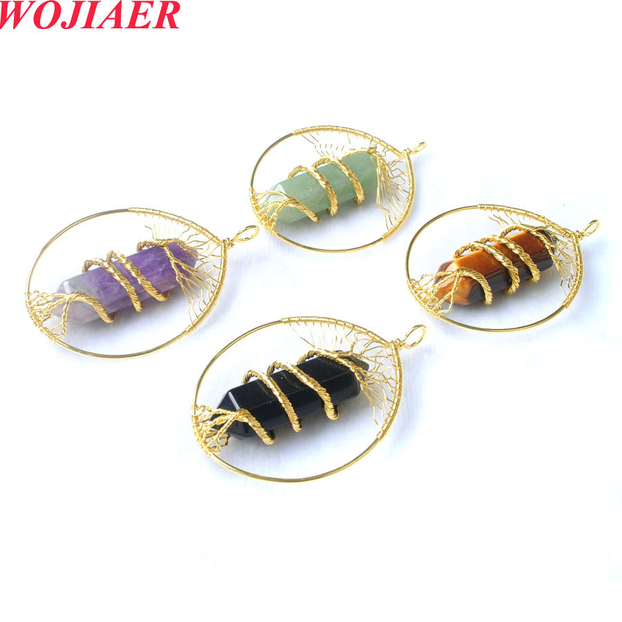 Tree of Life Natural Stone Gold Color Wire Wrapped Crystal Pendant f￶r smycken Making Halsband 10stWholesale Bo966