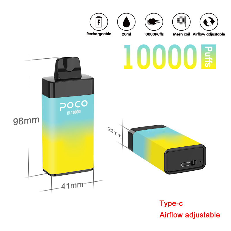 Original 10000 puffs Cigarro Eletrônico Poco BL10000 Caneta Vape Descartável Recarregável Fluxo de ar Ajustável 20ML Dispositivo de 10 cores Caneta Vapor mais recente