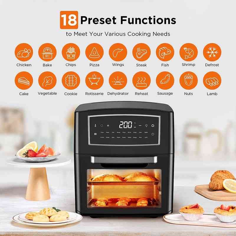 CalmDo Air Fryer Oven 12L/12.7QT Convection Toaster Food Dehydrator 18 Functions to Fry with 10 Accessories & Recipe Included T220819