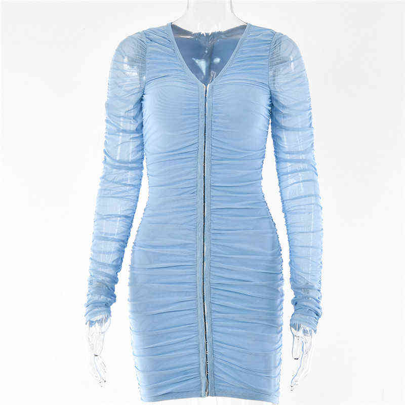 Mozision Mesh Doppel Schicht Bodycon Mini Kleid Für Frauen Herbst V-ausschnitt Zipper Langarm Dünne Drapierte Kleid Vestidos Streetwear t220819