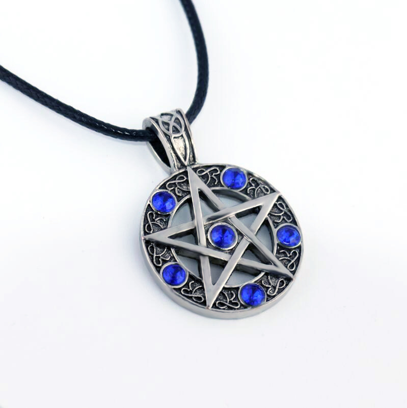 Satan Symbol Star Pentagram Necklace for Men With Leather Rope Chain Crystal Gem Pentagram Necklaces Fashion Jewelry