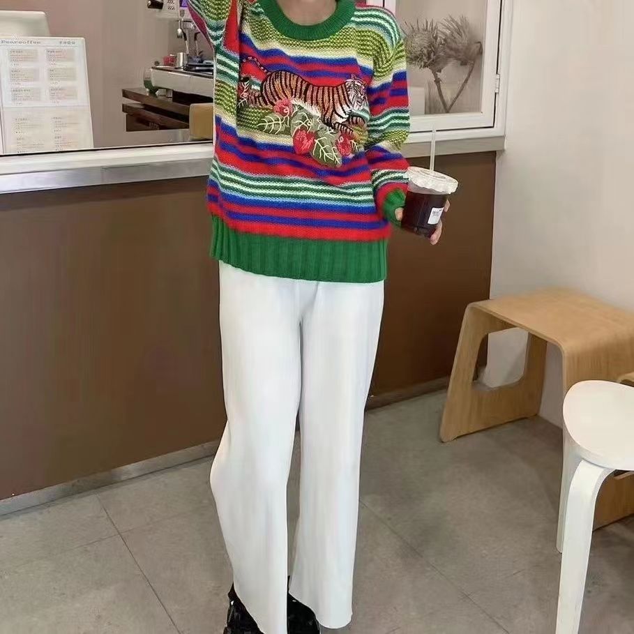 여자 스웨터 디자이너 스웨터 여성 라운드 칼라 풀오버 스웨터 가을, 겨울 새로운 다채로운 스트라이프 자수 호랑이 니트 탑 loosesweater 코트