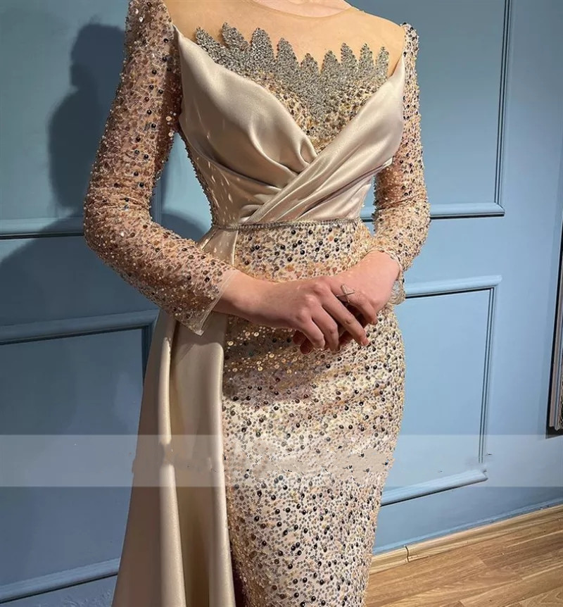 Luxury Dubai Muslim Evening Dress 2023 Sheer Neck Long Sleeves Turkey Beading Party Dresses Formal Gown Robe De Soiree femme