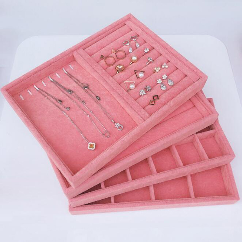 Pink Velvet B/M/S Halskette Ohrringe Aufbewahrungsbox Vitrine Schmuckständer Halter Ring Schmuck Display Organizer Case Tray Holder 220819