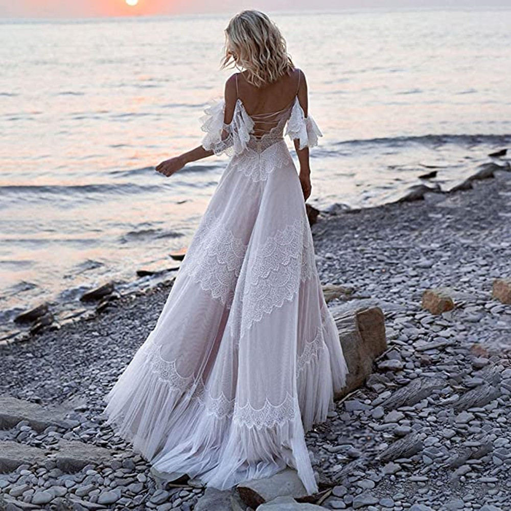 Hochzeitskleid Fashion Spitzenkleid gegen Nacken Falten Ärmel Schleier Strand Boho Outdoor -Kleider im Freien