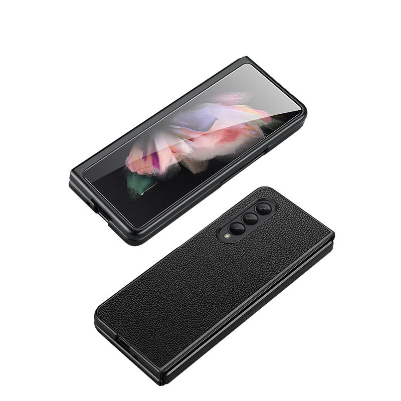Folding äkta Lychee Grain Leather Phone Case för Samsung Galaxy Z Fold3 Fold4 5G Hållbar Anti-Slip Business Protective Shell Suffsäker