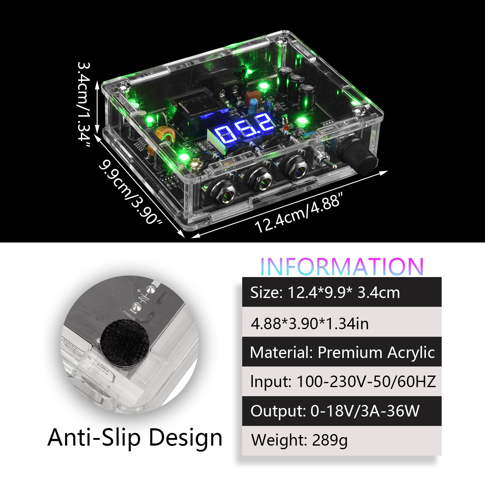 Tattoo Power Regulator Transformer Liten transparent LED -f￤rgglada aurora Secant dimma akryl