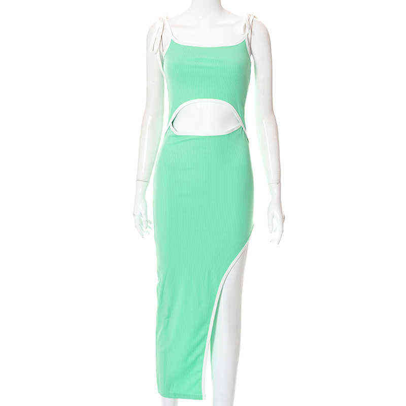 Summer Hollow Out Midi Dress Women Green Sleeveless Backless Split bodycon klänningar Kvinna 2022 Lady Sexy Beach Party Vestidos T220819