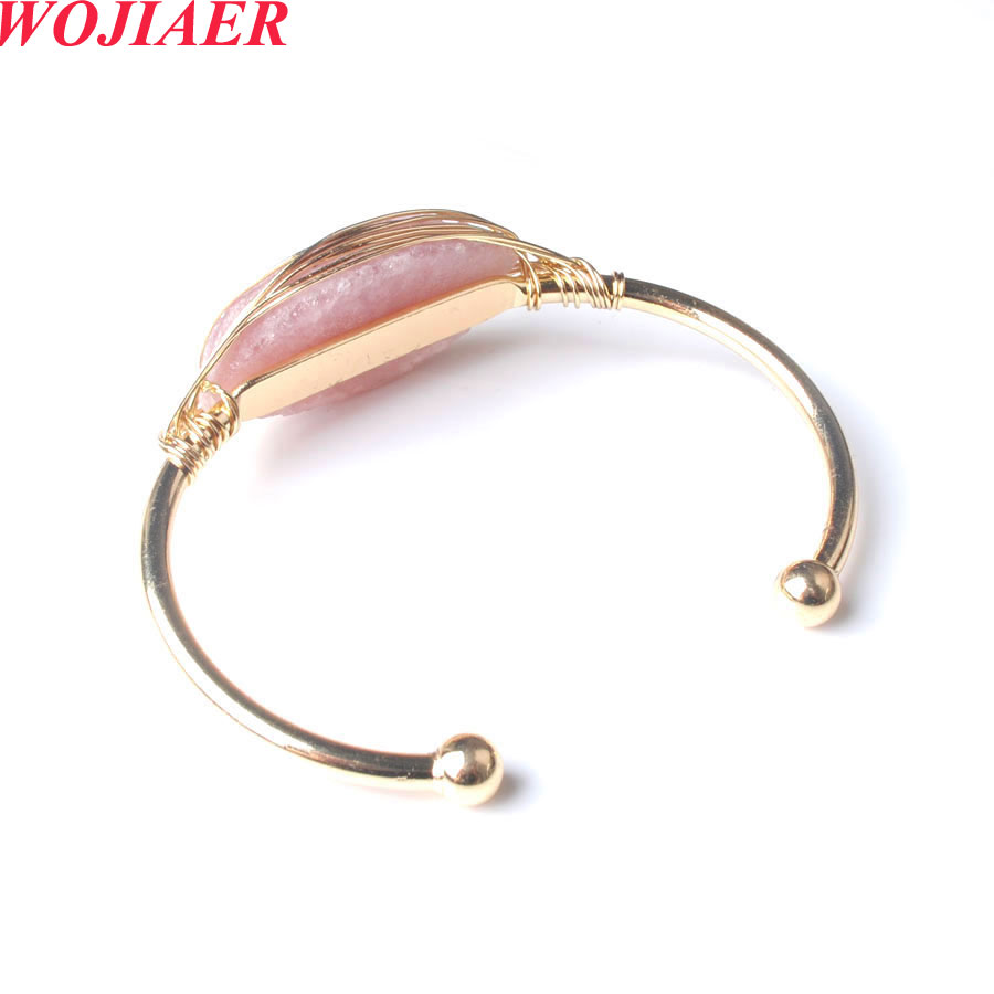 2022 Natural Stones Simple Geometric Opening Cuff Bangles Gold Color Wire Wrap Armband Female Jewel BO962