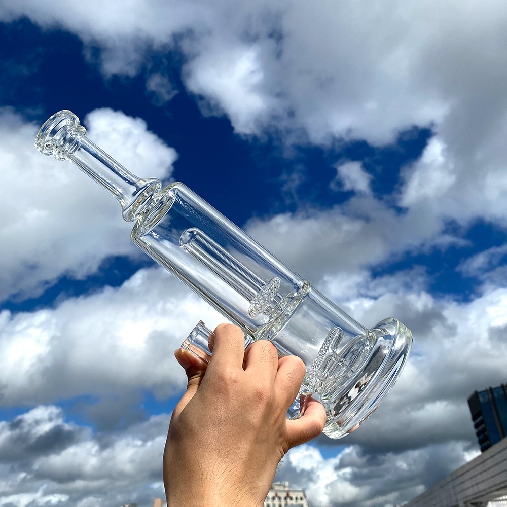 Verre scientifique bong narguilé épais dab rig 14 pouces durable en ligne et fonction de pommeau de douche fumer pipe à eau avec bol mâle de 14mm