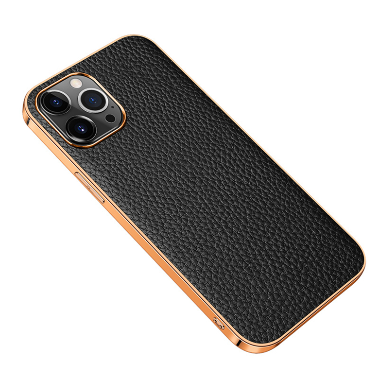 Plating Genuine Lychee Pattern Leather Phone Case for iPhone 13 12 Mini 11 Pro Max XR XS Durable Full Protective Soft Bumper Anti-slip Business Shell Anti-fall