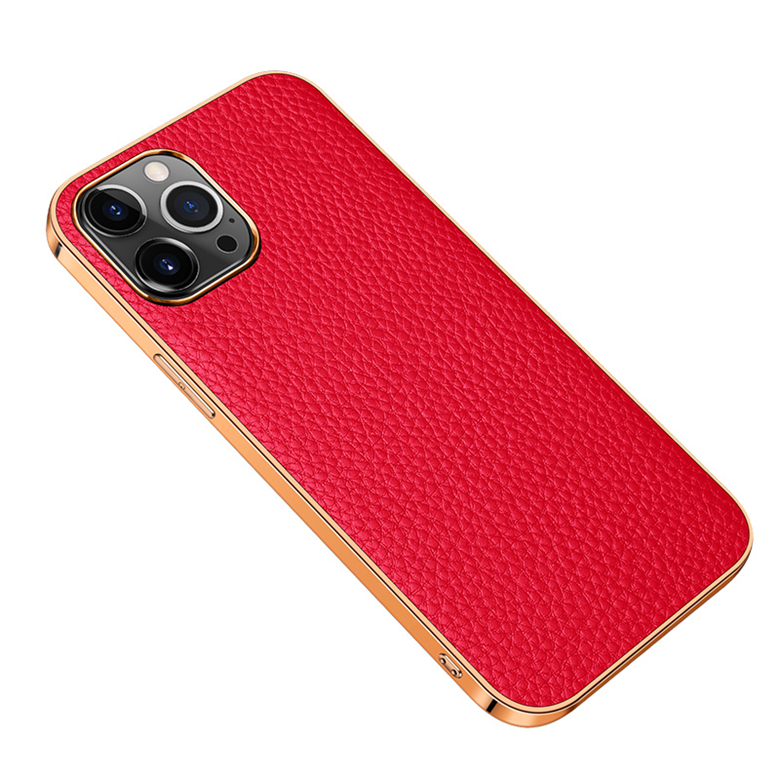 Plating Genuine Lychee Pattern Leather Phone Case for iPhone 13 12 Mini 11 Pro Max XR XS Durable Full Protective Soft Bumper Anti-slip Business Shell Anti-fall