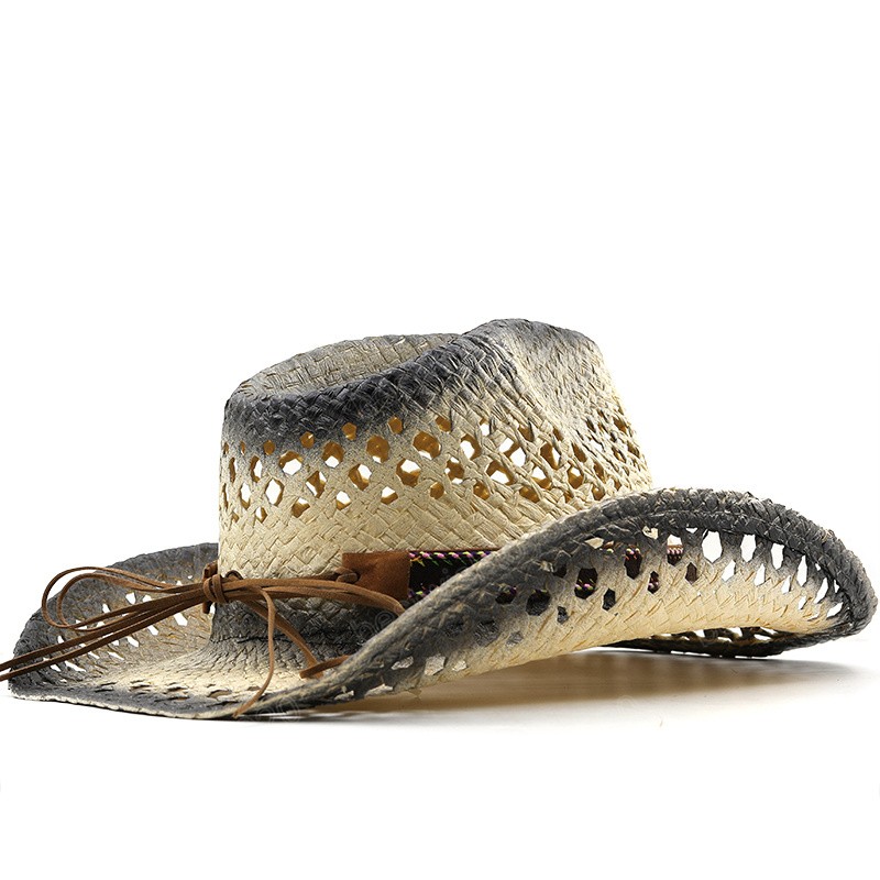 Cowboy Einfache Höhlte Stroh Handgemachte Hut Frauen Männer Sommer Outdoor Reise Strand Hüte Unisex Solide Western Sonnenschirm Kappe
