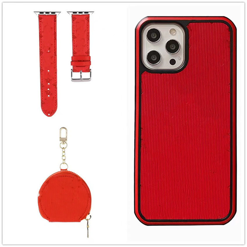Designer de moda Capas de telefone de couro AirPods Caixa Banda de relógio iPhone de luxo 13 12 11 Pro Max AirPod Pro 3 2 1 Apple Watch Band 1 2 3 4 5 6 7 Pacote.