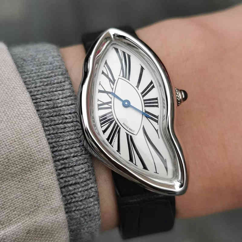 Mężczyźni Sapphire Crystal kwarc Watch Oryginalny surrealizm Art Design Wristood Waterproof Stali Fayt Stael Nieregularny kształt 190p