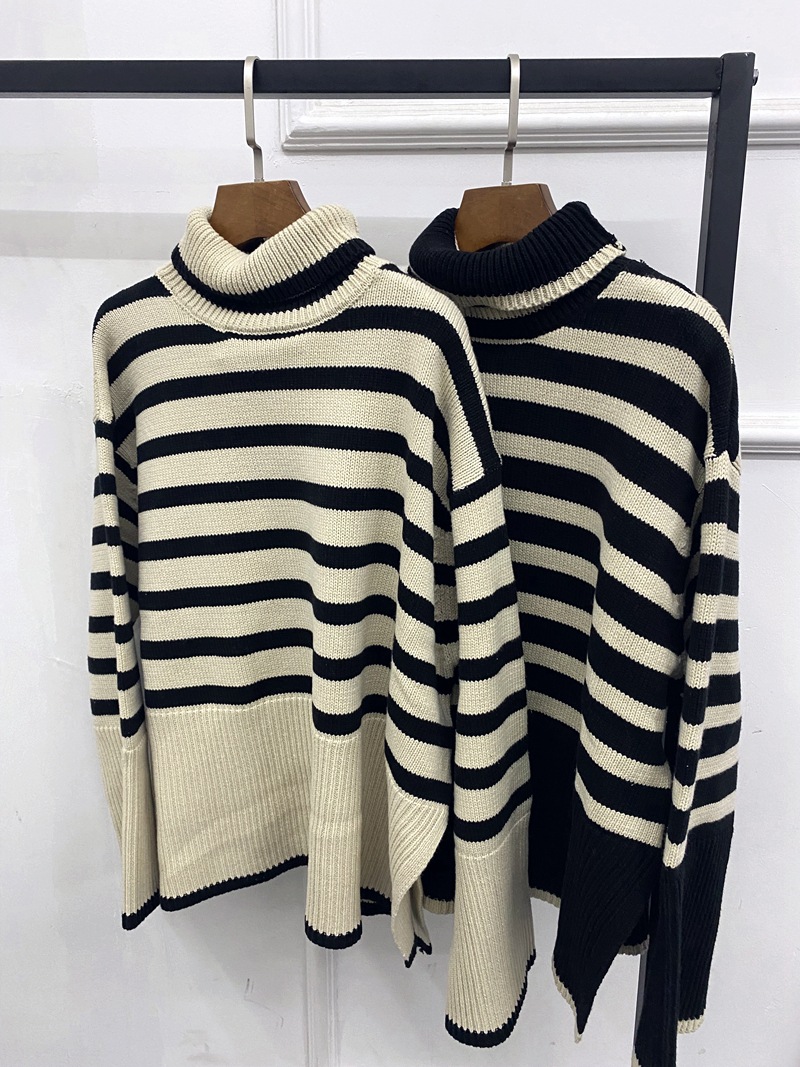 Women's Sweaters Turtleneck Stripes Women's Hem Slit Wool Blend Ladies Long Sleeve Loose Retro Knitwear Female Jumper Autumn Winter 2022