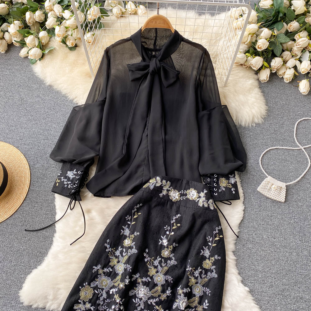 Runway Office Lady Two Piece Dress Shorts Sets Flower Print Lantern Mouw Belt Shirt Tops Mini Pockets Shorts Woman Suits 2022