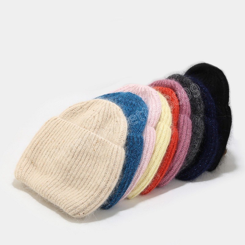 Vintage Rabbit Fur Beanie Luxury Bling Knitted Hat Winter Cap For Women Fashion Casual Warm Skullies Beanies