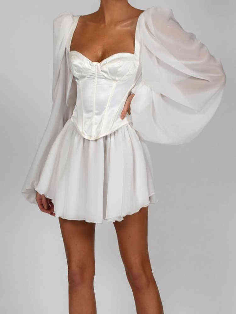 Elegant Outfit Sexy Party Mini Dress White Summer Square Neck OL Women Lantern Sleeve Chic Corset Chiffon Dress Undefined T220819