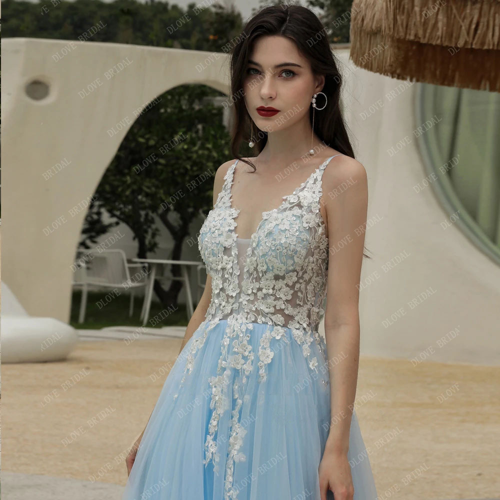 Sky Blue Long Evening Dresses Woman Party Night White Lace A-Line Sexig V Neck Prom Gown 2022 Ny ankomst