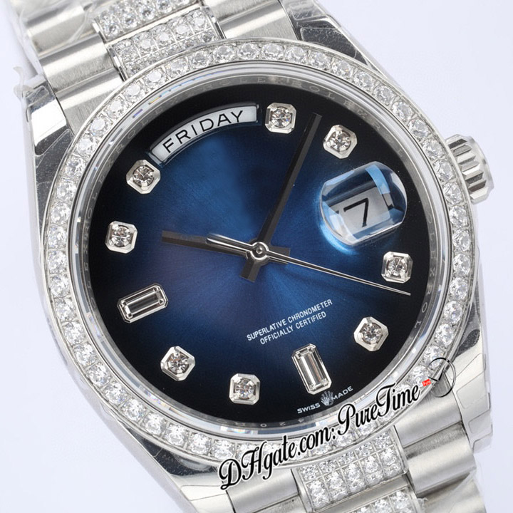 EWF DAG DATUM 128349 A2836 Automatisk unisex -klocka Mens Ladies Blue Dial Diamonds Fall och Presidential Armband Samma seriekort Super Edition Puretime D4