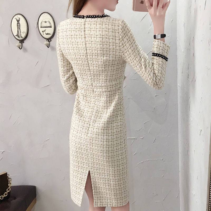 Vestido feminino de manga longa decote em tweed de lã cintura fina na altura do joelho lápis vestidos SMLXLXXL