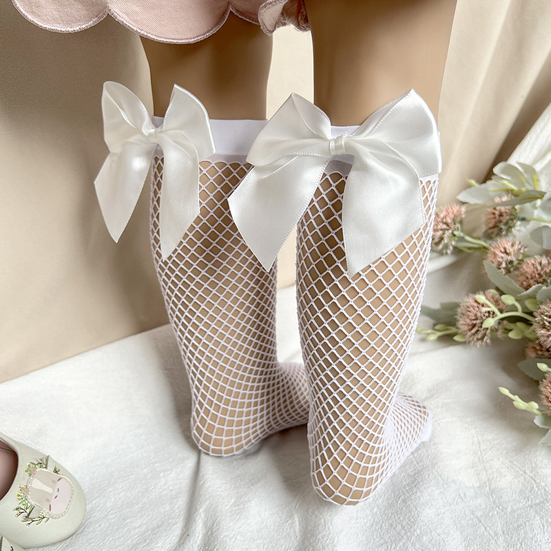 Été bébé chaussettes dentelle grand arc tout-petits filles genou haute longue chaussette doux évider filet de pêche maille enfants fille princesse chaussette