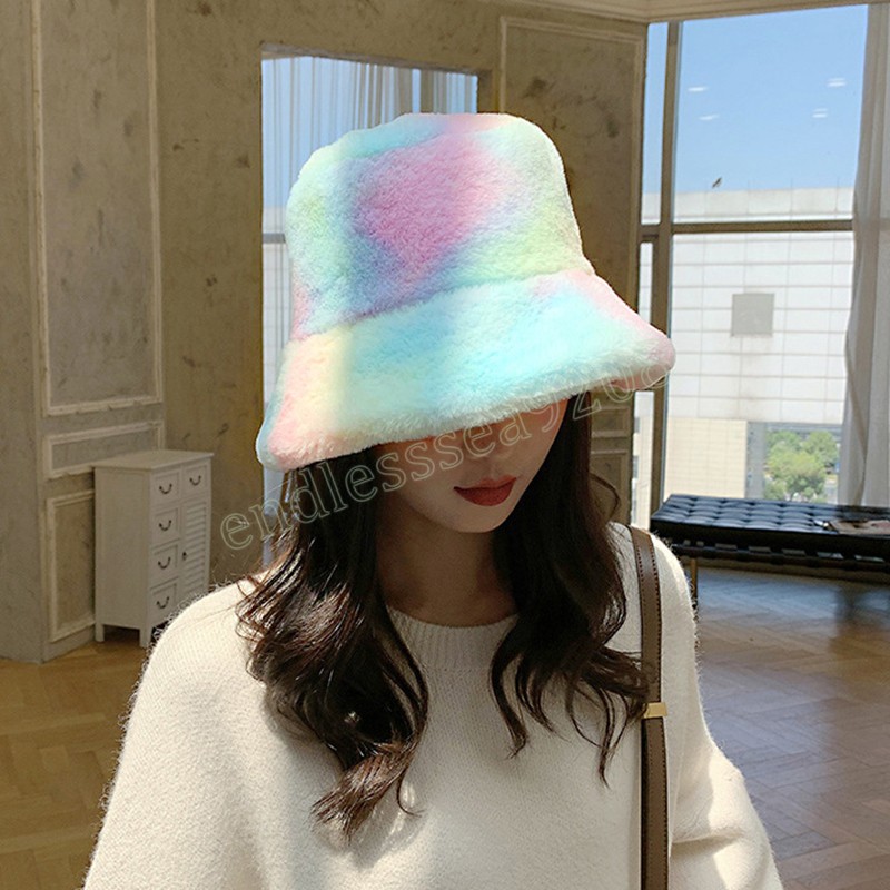 Rainbow Print Winter Warm Furry Bucket Hat Fashion Tie Dye Soft Plush Fisherman Cap Faux Fur Thick Panama Caps For Women Girls