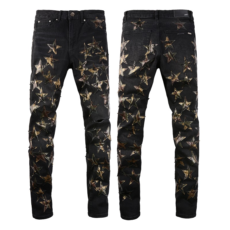 2022SS new European and American men`s designer hip-hop jeans high street fashion tide brand cycling motorcycle wash patch letter loose fit pants High Quality