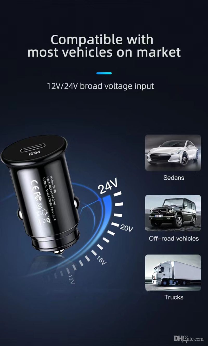 20 Вт PD Car Chargers Быстрая быстрая зарядка USB C Type-C Power Adapter Зарядное устройство для iPad Air Mini iPhone 12 13 Pro Max Samsung S20 планшет