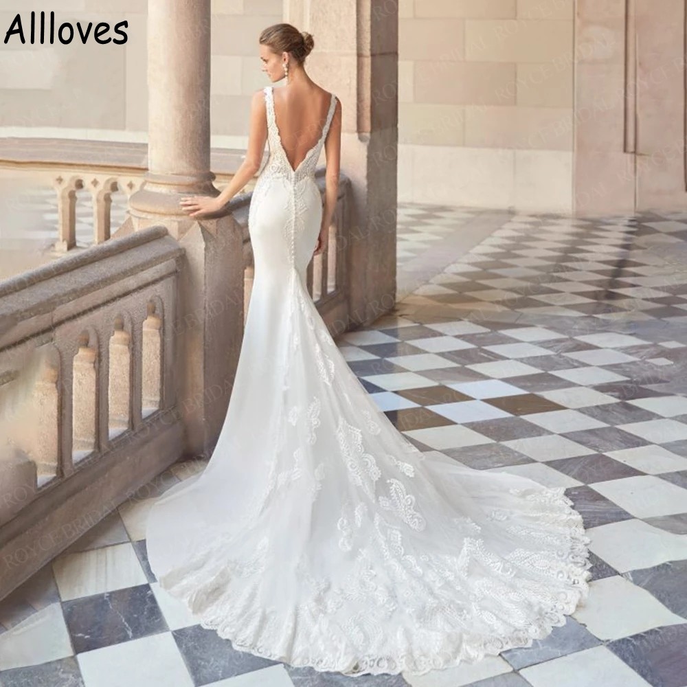 Elegancka satynowa syrena ślubna suknie ślubne koronkowe aplikacje klejnotów bez rękawów Boho Bridal Dress Court pociąg seksowne otwarte mody