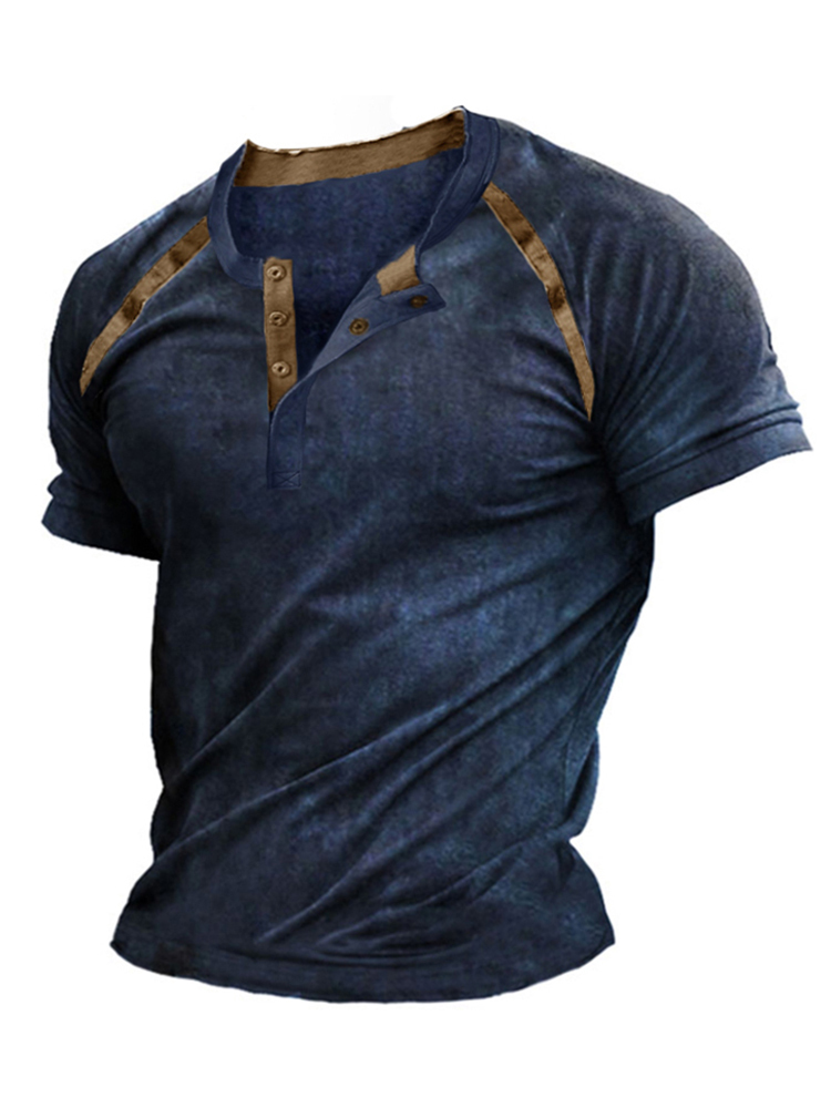 Zomer korte mouw casual heren t-shirts button-up stand kraag losse pullover tops voor mannen kleding vintage patchwork tee shirt 220822