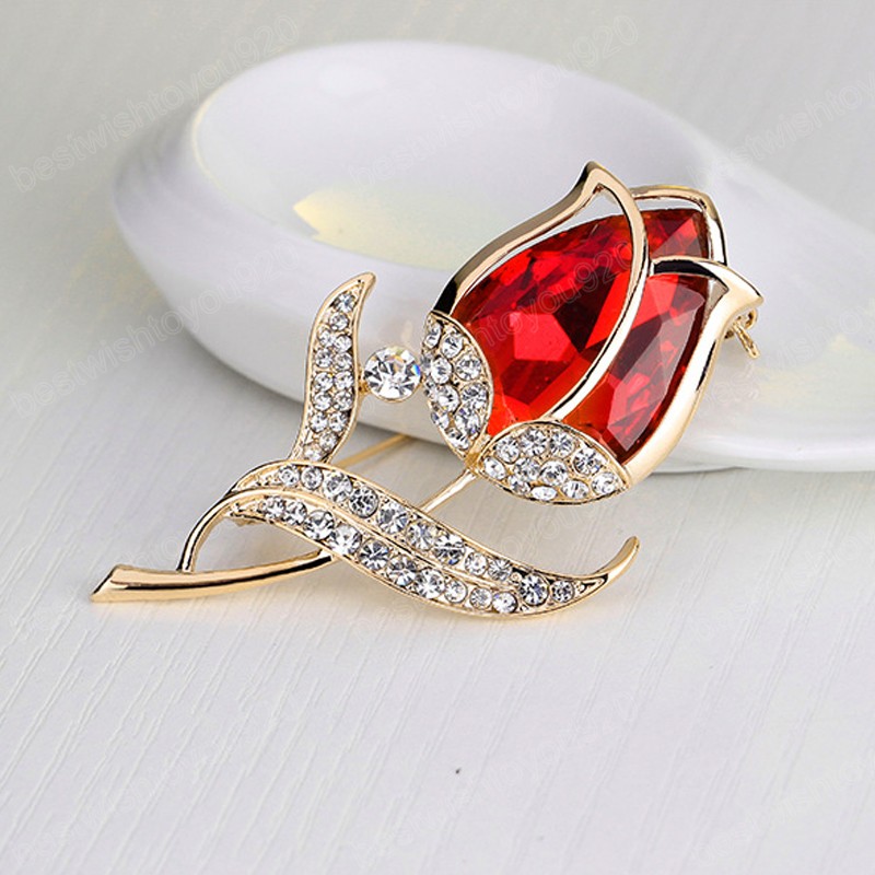 Mode Tulpe Blumen Broschen Frauen Elegante Glänzende Strass Kristall Brosche Schmuck