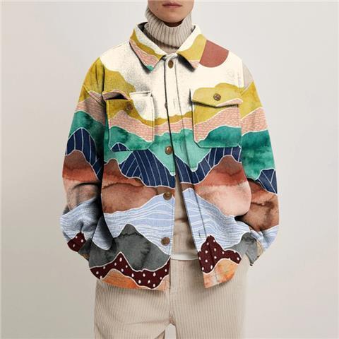 Chaqueta con estampado de tendencia de solapa para hombre, moda de invierno, camisa con estampado de línea abstracta, chaqueta de costura, ropa de moda para hombre 220822