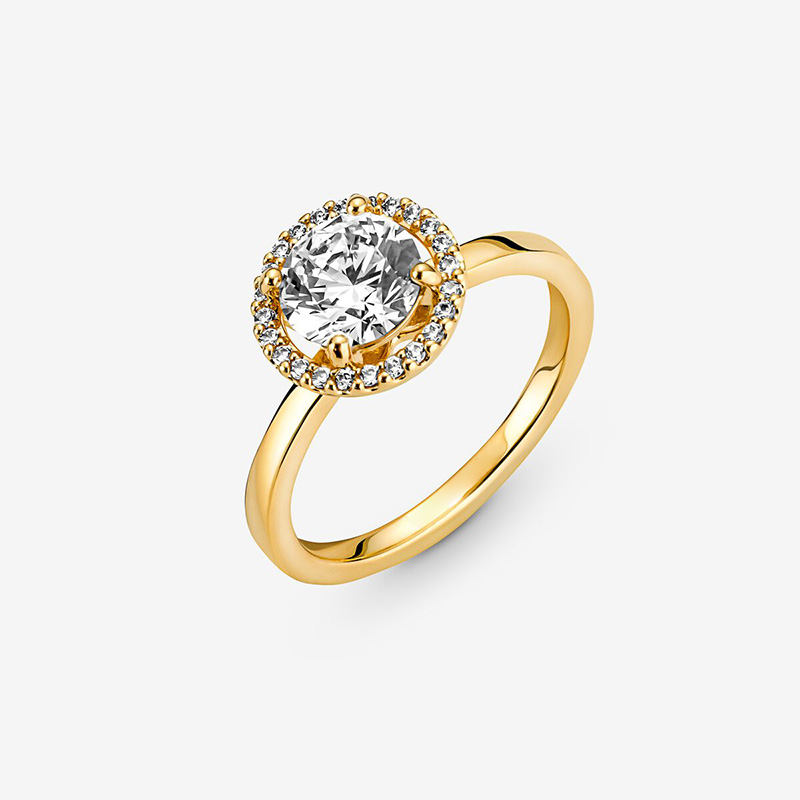 NOUVEAU Sparkling Round Halo Yellow Gold plaqué Ring Femmes Filles Cadeau de mariage avec coffret d'origine pour Pandora 925 Sterling Silver Rings