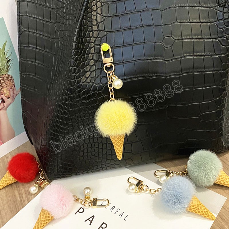 Faux Fur Ice Cream Pendant Keychain Cute Cartoon Keychain Plush Furry Bags Hang Cone Car Key Chain Keyring Creative Gift