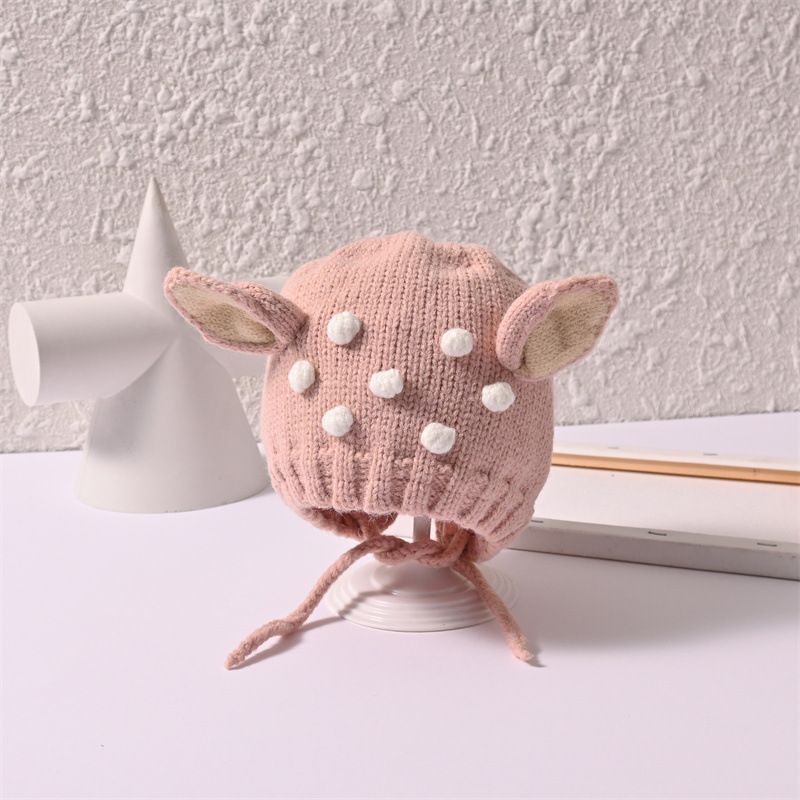 Baby Cartoon Deer Ears Hat Thick Warm Kid Knitted Cap Girls Boys Beanies Lace Up Children