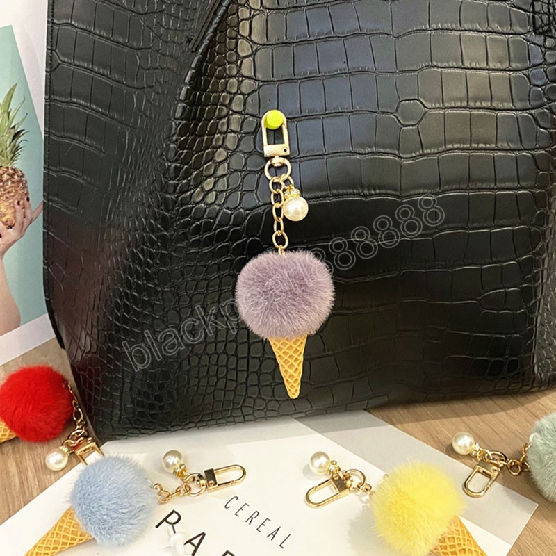 Faux Fur Ice Cream Pendant Keychain Cute Cartoon Keychain Plush Furry Bags Hang Cone Car Key Chain Keyring Creative Gift