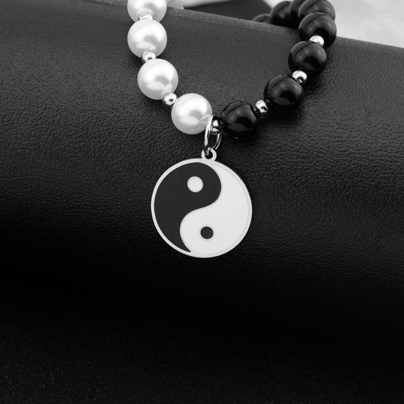 Choker Chokers Tai Chi Yin Yan Yang Pendant Charm White and Black Pearl Necklace for Women Men JewelryVintage203sのためのステンレス鋼