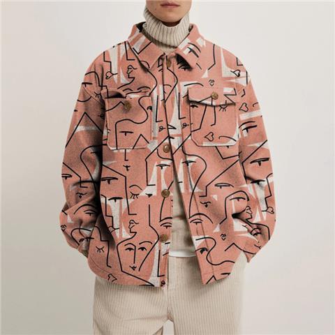 Chaqueta con estampado de tendencia de solapa para hombre, moda de invierno, camisa con estampado de línea abstracta, chaqueta de costura, ropa de moda para hombre 220822