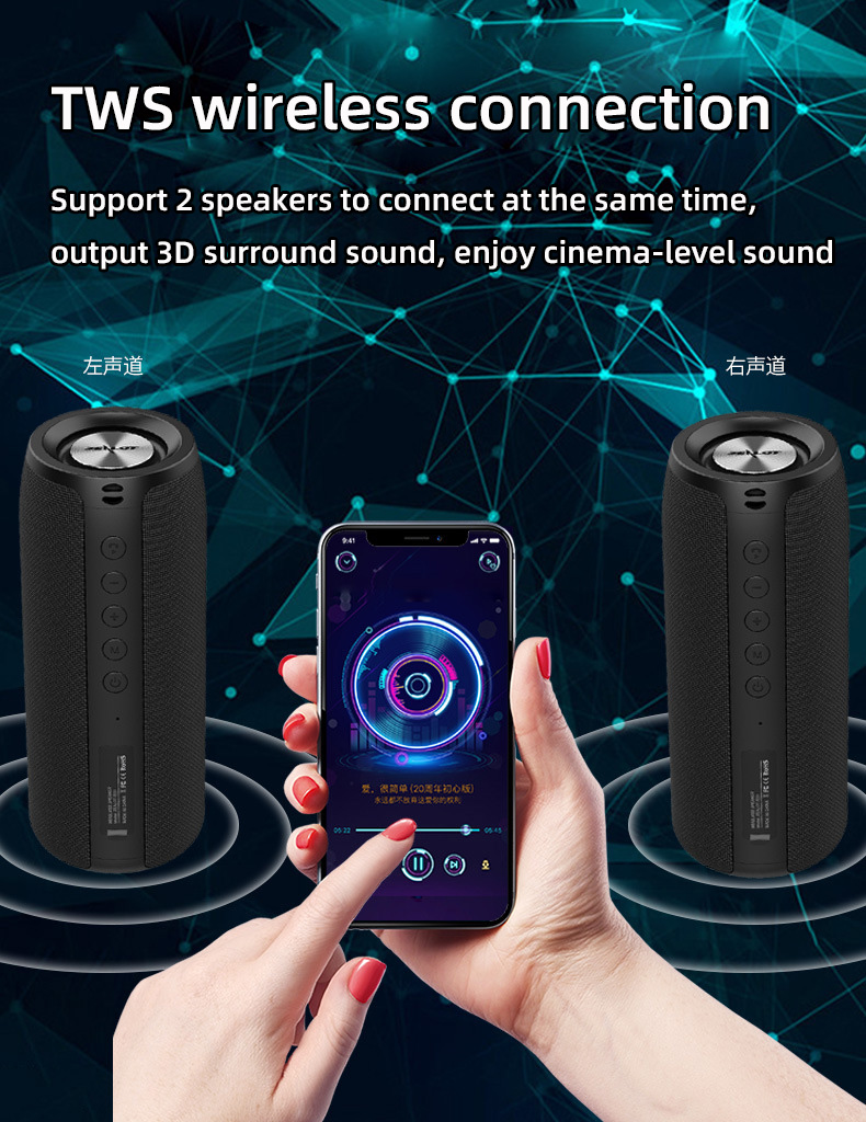 TWS Portable Outdoor Speaker Wireless Double Horn Bluetooth PC -högtalare Deep Bass Hifi IPX5 Vattentät dusch Radio Högtalare 1800mAh 12H Spelartid med rep