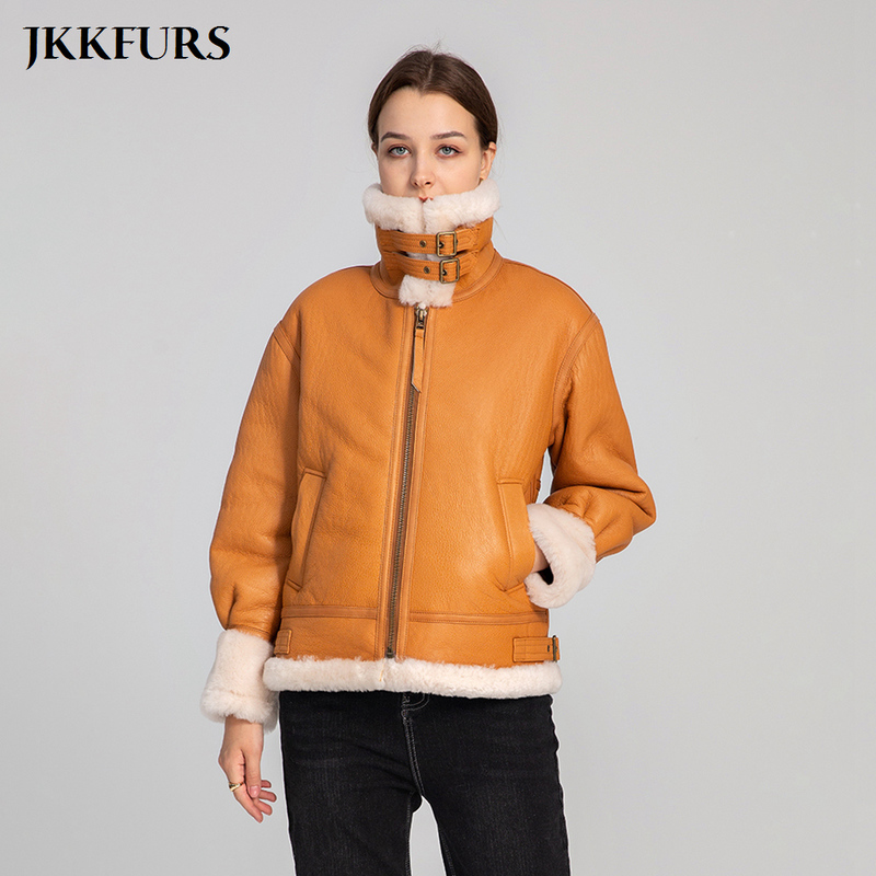 Kadın Shearling Ceket Orijinal Deri Ceket Sıcak Gerçek Yün Ceket Çift Yüz Bikter Ceket S3628 220822