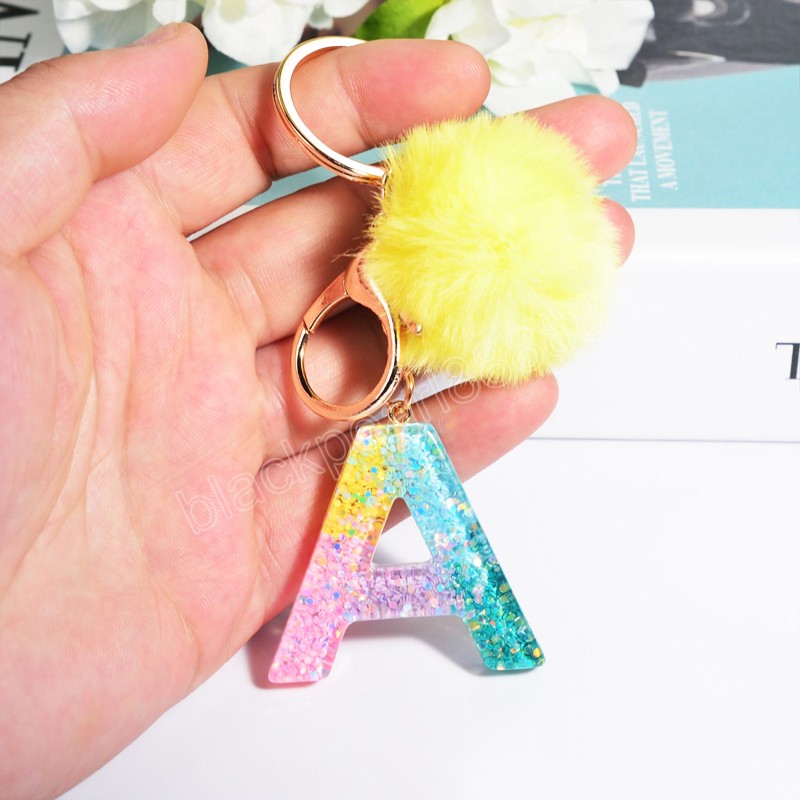 Gold Color Foil Letter Keychains Resin Key Chains Rings Charms 26 Alphabets English Pompom Keyring Bag Gifts